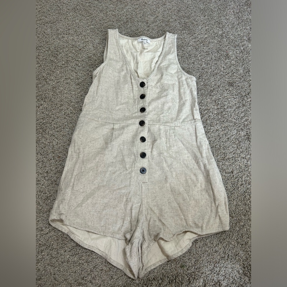 Madewell Linen Blend Romper Button Front Sleeveless V Neck Tan Beige Pocket Sz 0